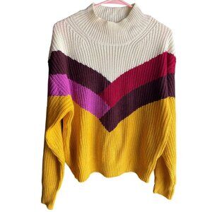 SHEIN Women's Chevron Stripe Loose Cable Knit Chunky Sweater Yellow Red Cream L